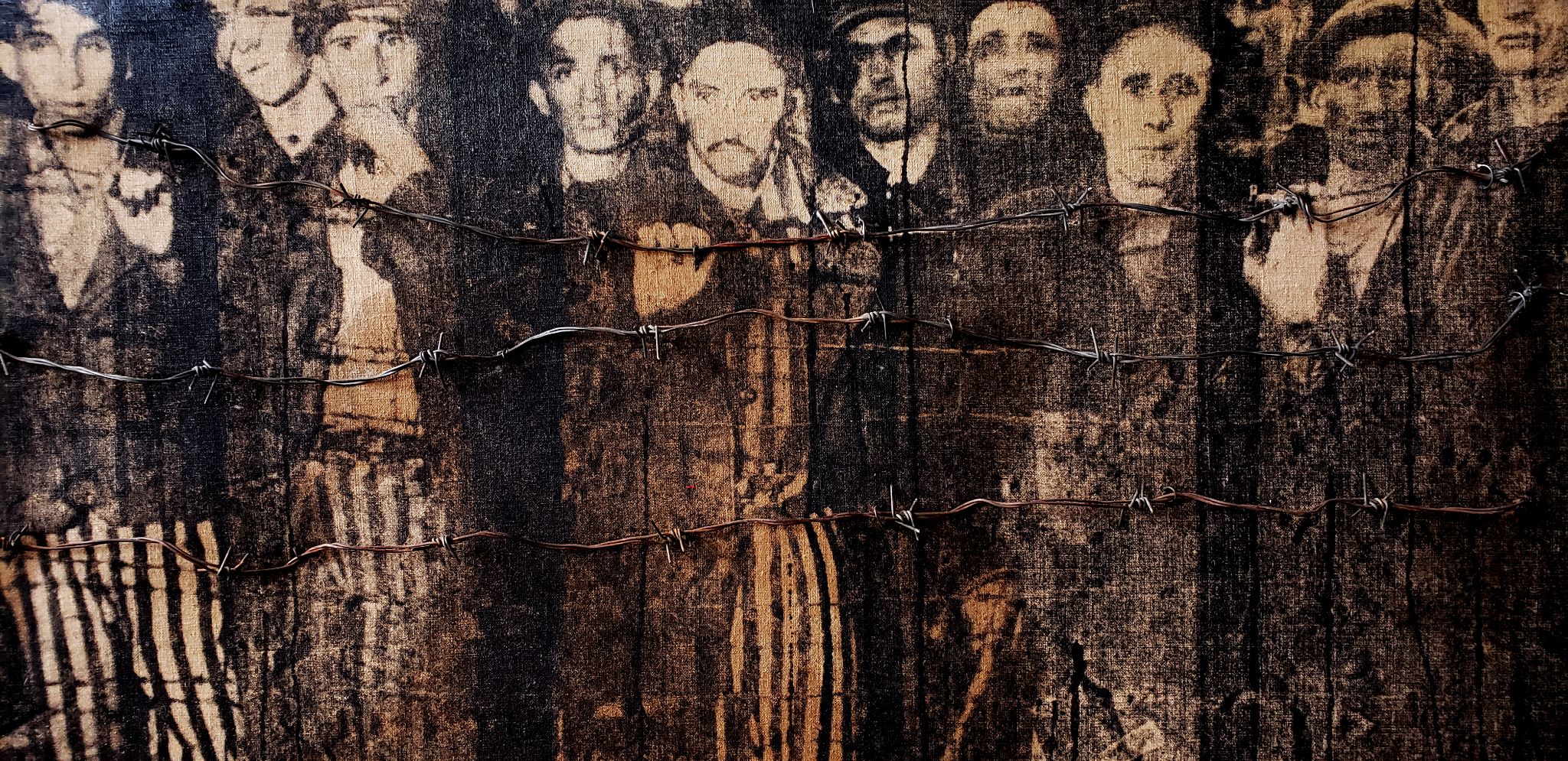 Every day CLOSE UP of Lower part hand Printed Silkscreen on canvas  with Original  WW2 barbed wire 